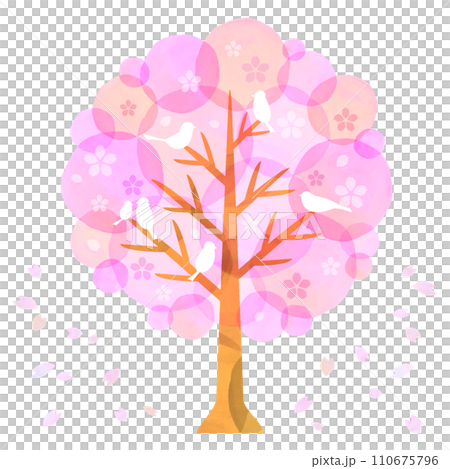 Watercolor cherry blossom tree with falling snowflakes and white birds Watercolor cherry blossom tree with falling snowflakes and white birds 110675796