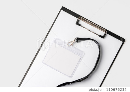 Blank badge card and clipboard on white background Blank badge card and clipboard on white background 110676233