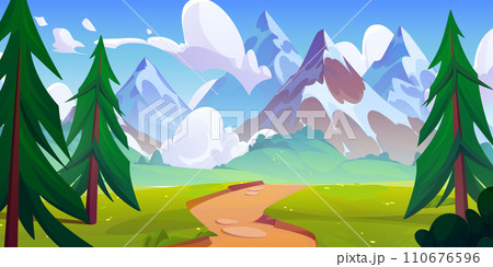 Curve foot path from forest to mountains. 110676596