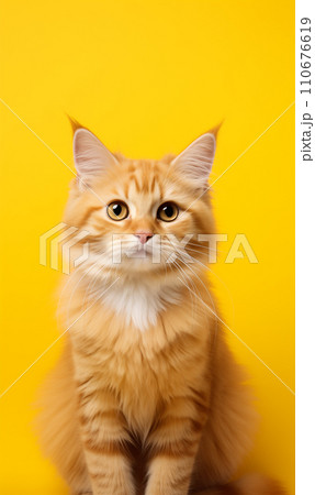 AI-generated content. Funny ginger cat on the yellow background with copy space 110676619