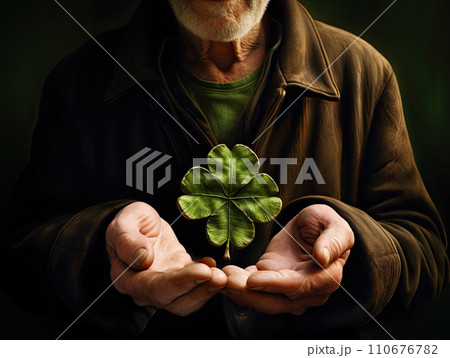 AI-generated content. Saint Patrick dressed as a leprechaun holds a clover in his hands AI 110676782