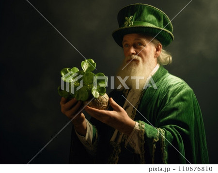 AI-generated content. Saint Patrick dressed as a leprechaun holds a clover in his hands AI 110676810