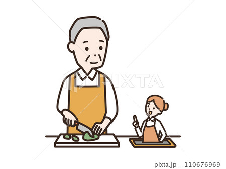 タブレットでレシピを見ながら料理をするシニア男性のイラスト 110676969