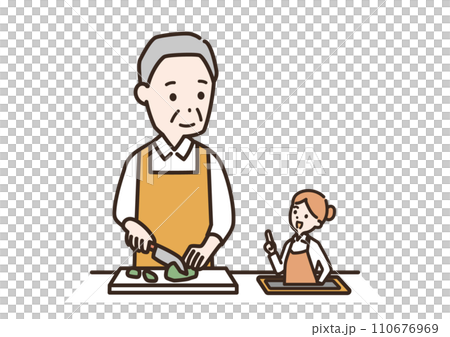 タブレットでレシピを見ながら料理をするシニア男性のイラスト 110676969