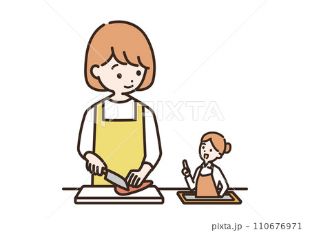 タブレットでレシピを見ながら料理をする女性のイラスト 110676971