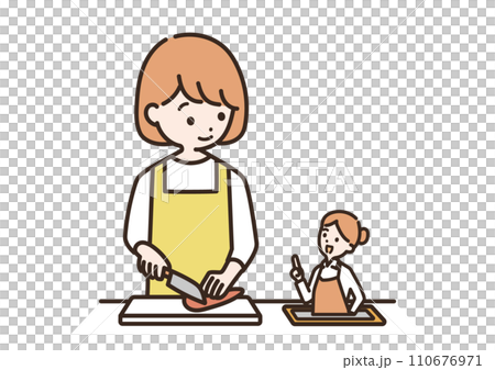 タブレットでレシピを見ながら料理をする女性のイラスト 110676971