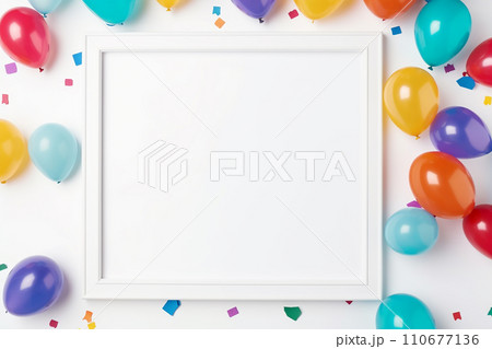 Generative AI An empty photo frame on a white background, with balloons on the edges Generative AI An empty photo frame on a white background, with balloons on the edges 110677136