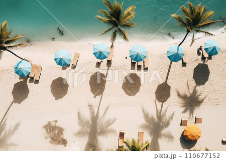 Generative AI A tropical beach, with sand, umbrellas, palm trees 110677152