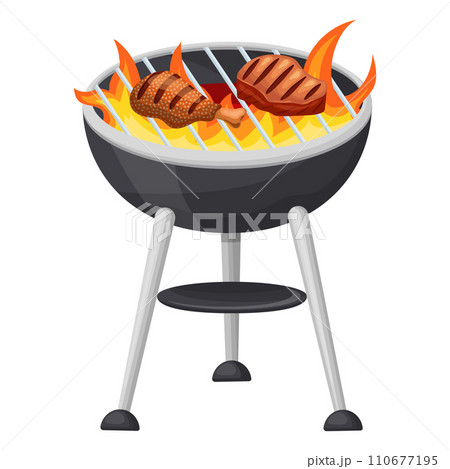 Cooking chicken and meat on a flaming grill. Vector illustration on a white background 110677195