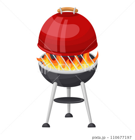 a flaming grill with a raised lid. Vector illustration on a white background 110677197