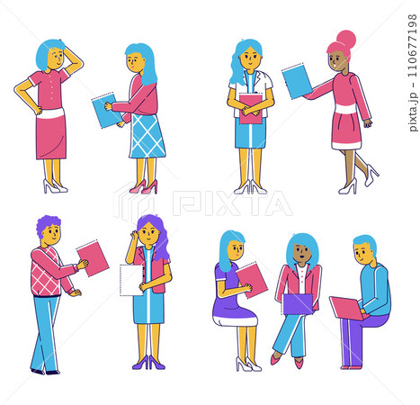 Eight diverse businesswomen characters in different poses with notebooks. Office workers, professional attire, meeting, presentation vector illustration. Eight diverse businesswomen characters in different poses with notebooks. Office workers, professional attire, meeting, presentation vector illustration. 110677198