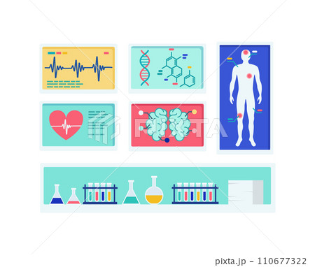 Modern flat icons representing medical and health data. Digital health information, human anatomy, test tubes vector illustration. 110677322