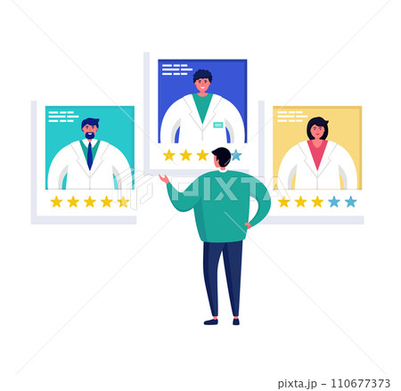 Person comparing online profiles of two male and one female doctor. Choosing healthcare provider, rating doctors, customer review concept vector illustration. 110677373