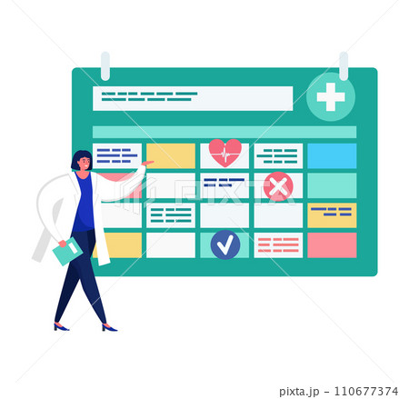 Female doctor presenting a big health schedule planner. Medical professional with a large appointment calendar. Healthcare scheduling and routine checkups vector illustration. 110677374