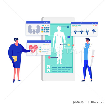 Female doctor and nurse using digital health record. Medical staff analyze patient data on large screen. Health technology and medical examination vector illustration. 110677375