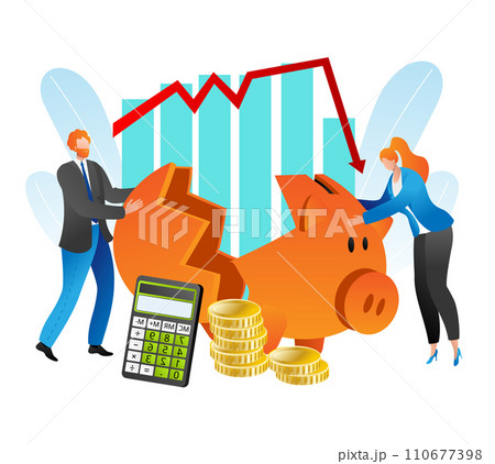 Businessman and businesswoman facing economic downturn. Man and calculator with woman touching broken piggy bank, falling graph. Economic crisis and financial loss vector illustration. 110677398