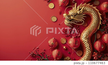 Cultural Radiance: Chinese New Year Banner Showcasing Dragon, Lanterns, and a Spacious Blank Area for Custom Text 110677463