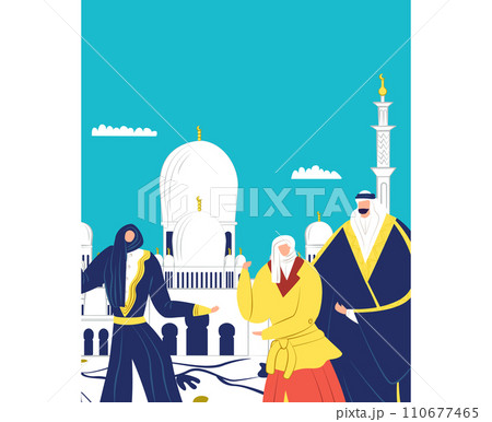 Arab man and woman in traditional clothing talking near mosque. Middle Eastern couple having a conversation. Cultural exchange and daily life in the Middle East vector illustration. 110677465