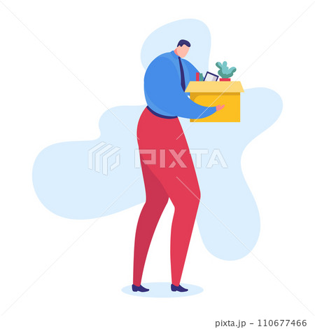 Work problem vector illustration. Cartoon flat sad manager character leaving office with box of things, employee dismissed by boss for bad job, professional career fail concept isolated on white Work problem vector illustration. Cartoon flat sad manager character leaving office with box of things, employee dismissed by boss for bad job, professional career fail concept isolated on white 110677466