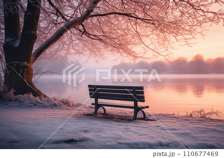 Generative AI A bench by a lake in winter 110677469