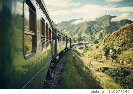 Generative AI A train passing on a railway in the middle of nature Generative AI A train passing on a railway in the middle of nature 110677540