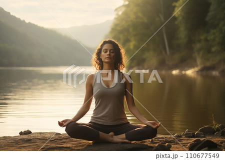 Generative AI A woman meditating on the shore of a lake Generative AI A woman meditating on the shore of a lake 110677549