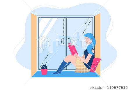 People reading poses vector illustration. Cartoon flat woman student character sitting by window, studying and preparing for examination. Literature lover, fan books, home schooling isolated on white 110677636