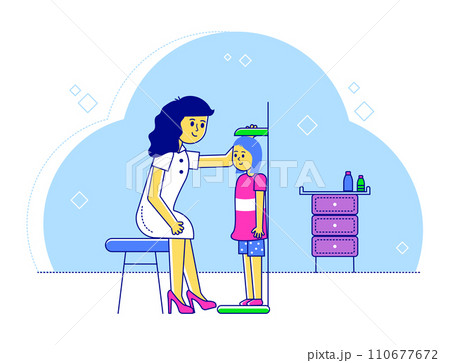 Line doctor pediatrician vector illustration. Cartoon flat happy mother and kid boy characters visiting specialist for medical examination checkup in hospital. Children healthcare isolated on white 110677672