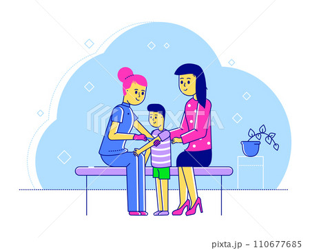 Line doctor pediatrician vector illustration. Cartoon flat happy mother and kid boy characters visiting specialist for medical examination checkup in hospital. Children healthcare isolated on white 110677685