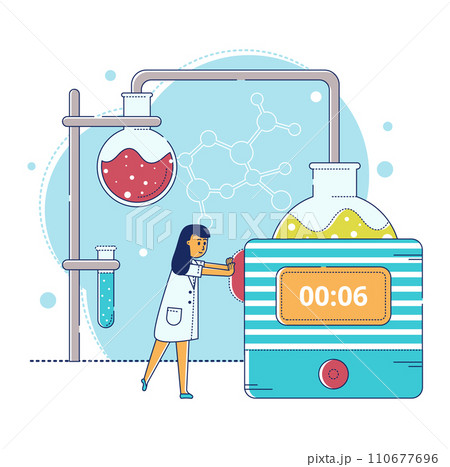 Line laboratory research vector illustration. Cartoon flat tiny scientist character making experiment test in laboratory equipment, big test glass tube. Chemistry, pharmacy concept isolated on white Line laboratory research vector illustration. Cartoon flat tiny scientist character making experiment test in laboratory equipment, big test glass tube. Chemistry, pharmacy concept isolated on white 110677696