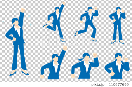紺色パンツスーツの女性イラストセット 110677699