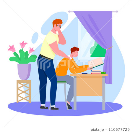 Father time with son vector illustration. Cartoon flat dad character helping boy with homework, reading books, doing school lesson together at home. Happy parenthood, family activity isolated on white 110677729