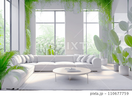 AI生成画像　広くて快適そうなリビング　リビング　明るい　部屋　家　住居　建築　緑　ソファ　生活 110677759