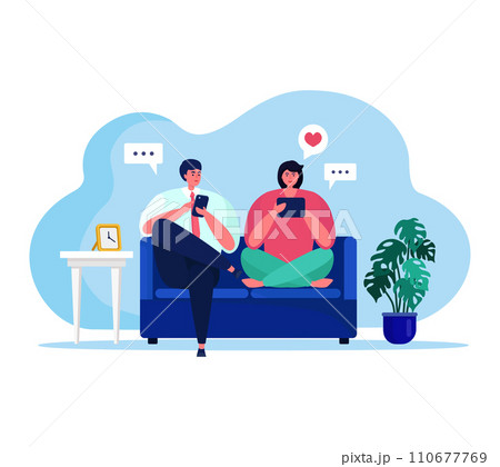 People with gadgets vector illustration. Cartoon flat happy couple characters sitting on sofa in room interior of home apartment, using tablet or smartphone for social media activity isolated on white 110677769