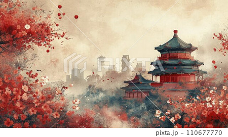 Illuminating Tradition: Chinese New Year Celebration with Lanterns, Houses, and Trendy Illustrations 110677770