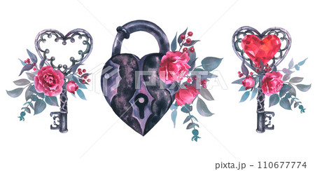 Watercolor illustration of a lock and key with viva mangenta roses, buds, leaves, eucalyptus,and red berries in vintage style. Cool print on T-shirt, Tattoo, vintage, Valentine day, wedding Watercolor illustration of a lock and key with viva mangenta roses, buds, leaves, eucalyptus,and red berries in vintage style. Cool print on T-shirt, Tattoo, vintage, Valentine day, wedding 110677774