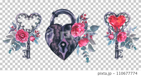Watercolor illustration of a lock and key with viva mangenta roses, buds, leaves, eucalyptus,and red berries in vintage style. Cool print on T-shirt, Tattoo, vintage, Valentine day, wedding Watercolor illustration of a lock and key with viva mangenta roses, buds, leaves, eucalyptus,and red berries in vintage style. Cool print on T-shirt, Tattoo, vintage, Valentine day, wedding 110677774