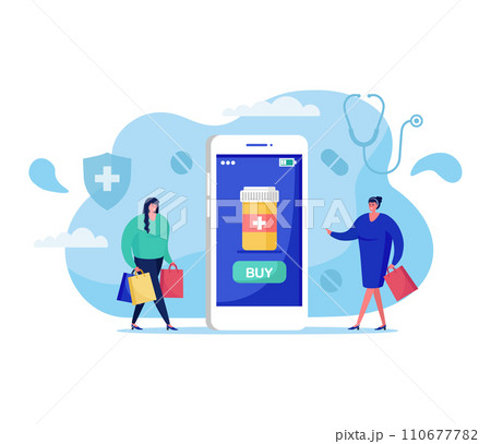 Online medicine concept vector illustration. Cartoon flat tiny woman characters with bags in hands buying pills in virtual drugstore, using smartphone app, mobile pharmacy technology isolated on white 110677782