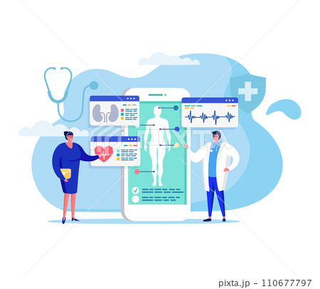 Online medicine concept vector illustration. Cartoon flat tiny woman patient character meeting with man doctor for diagnosis, treatment or consultation, using smartphone app isolated on white 110677797