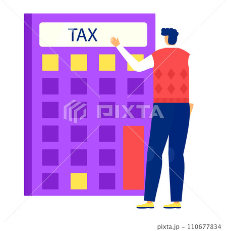 Man completing tax form with calculator flat style. Person working on finance calculation vector illustration. 110677834