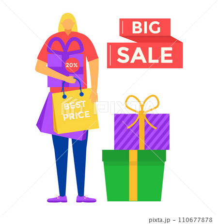 Blond woman shopping, holding bags and standing next to gift boxes with big sale sign. Consumer at a seasonal sale with discounts, excited shopper illustration. 110677878