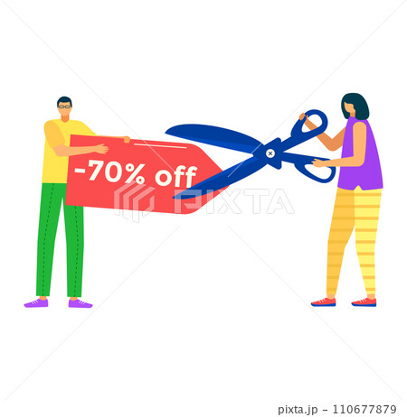 Man and woman holding giant scissors and cutting coupon with 70 off text. Concept of big sale and discounts, couple shopping. Colorful shopping promotion vector illustration. 110677879
