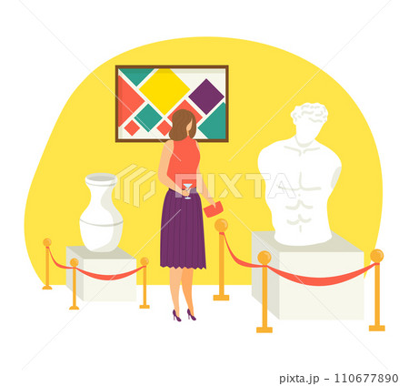 Woman standing in art gallery admiring abstract painting and classical sculpture. Art enthusiast visiting museum exhibition vector illustration. 110677890