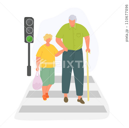 Elderly man with cane and young boy crossing street, green traffic light. Road safety, family care, and assistance concept vector illustration. Elderly man with cane and young boy crossing street, green traffic light. Road safety, family care, and assistance concept vector illustration. 110677896