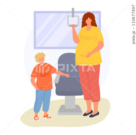 Pregnant woman with child at a medical checkup. Son touching ultrasound chair, expecting mother holding probe. Family at prenatal appointment vector illustration. Pregnant woman with child at a medical checkup. Son touching ultrasound chair, expecting mother holding probe. Family at prenatal appointment vector illustration. 110677897