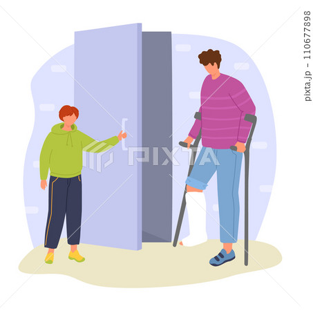 Child with cast on leg using crutches. Kid opening elevator door for injured friend. Accessibility and children helping each other vector illustration. 110677898
