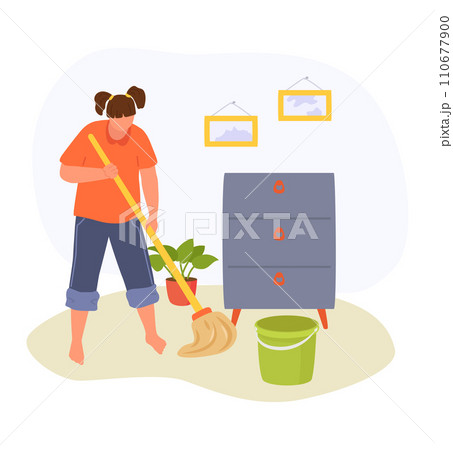 Young girl with brown hair cleans room with broom. Casual clothing, home chores, indoor activities. House cleaning and domestic work vector illustration. Young girl with brown hair cleans room with broom. Casual clothing, home chores, indoor activities. House cleaning and domestic work vector illustration. 110677900