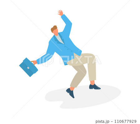 Caucasian businessman in blue jacket slipping. Young adult male falling with briefcase. Office accident concept vector illustration. 110677929