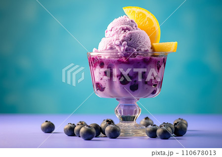 Generative AI Blueberry ice cream in a glass cup on a blue background 110678013
