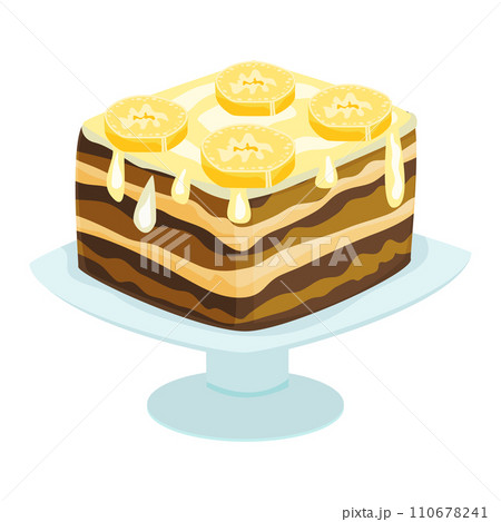 Chocolate cake with lemon slices on a cake stand. Delicious dessert with dripping icing and fruit garnish vector illustration. Chocolate cake with lemon slices on a cake stand. Delicious dessert with dripping icing and fruit garnish vector illustration. 110678241